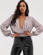 Asos Design Plisse Wrap Top With Shirred Cuff And Waist In Pink