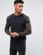 Siksilk Muscle Long Sleeve T-shirt In Black With Camo Sleeves - Black