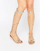 Daisy Street Lace Up Gladiator Flat Sandals - Gold Metallic