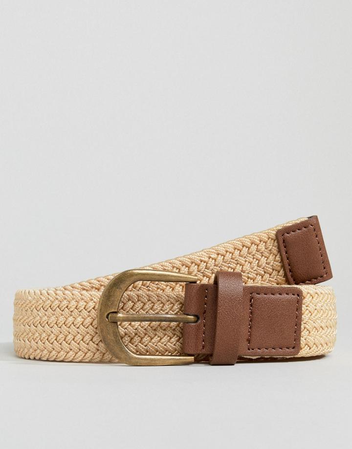 Asos Design Slim Woven Belt In Beige - Beige