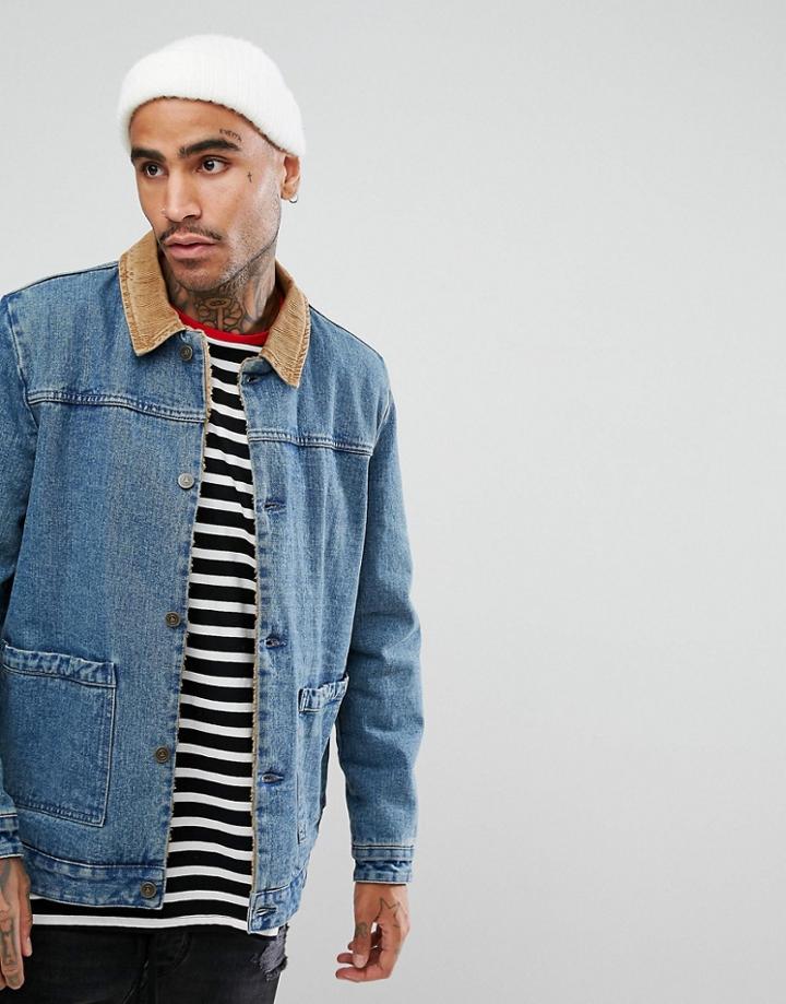 Asos Fleece Lined Denim Jacket With Cord Collar In Mid Wash - Blue