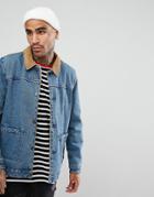Asos Fleece Lined Denim Jacket With Cord Collar In Mid Wash - Blue