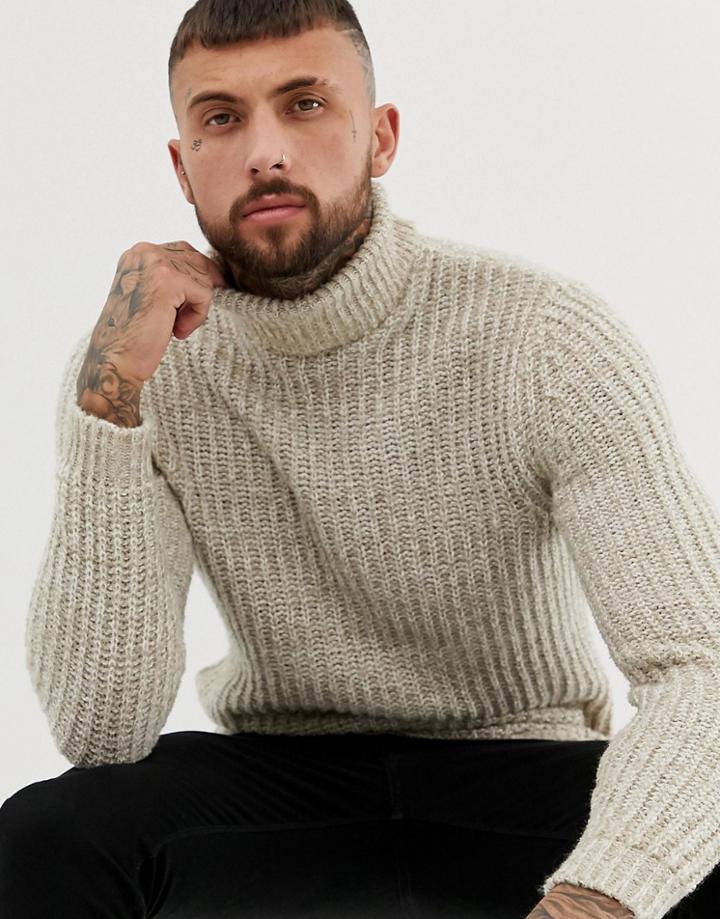 Asos Design Roll Neck Fisherman Rib Sweater In Oatmeal - Beige
