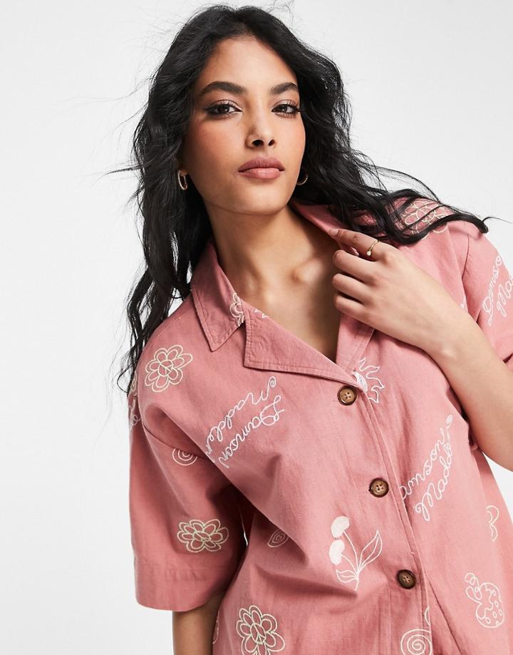 Damson Madder All-over Embroidered Boxy Shirt In Terracotta - Part Of A Set-brown