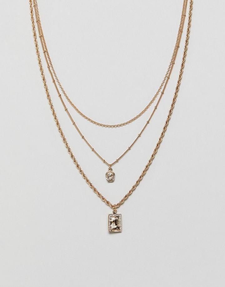 Asos Design Multirow Necklace With Vintage Style Icon Pendants And Mixed Chains In Gold - Gold