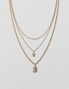 Asos Design Multirow Necklace With Vintage Style Icon Pendants And Mixed Chains In Gold - Gold