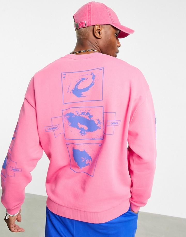Asos Design Oversized Sweatshirt In Washed Pink With Multi Placement Cosmic Prints - Part Of A Set