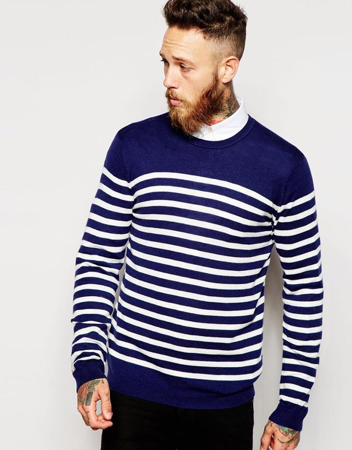Asos Stripe Jumper In Merino Wool Mix - Navy