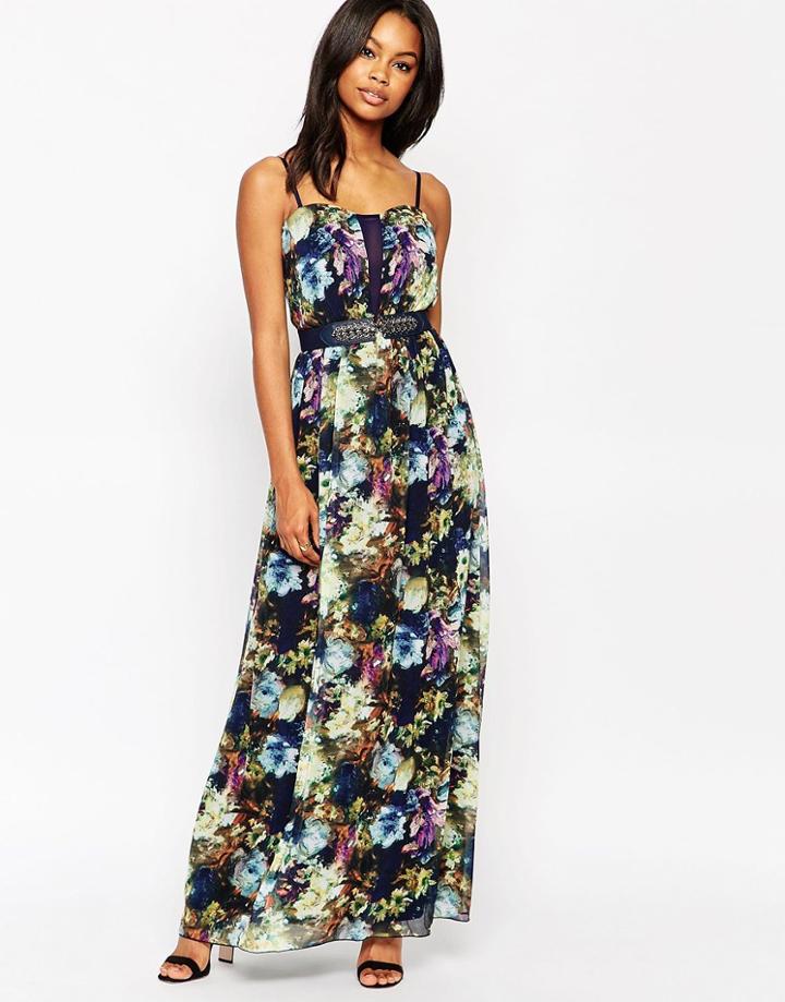 Little Mistress Floral Print Maxi Dress With Waist Embellishment - Print