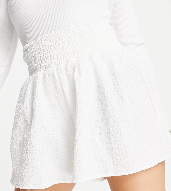 Asos Design Petite Short With Shirred Waist In Puffed Texture In White