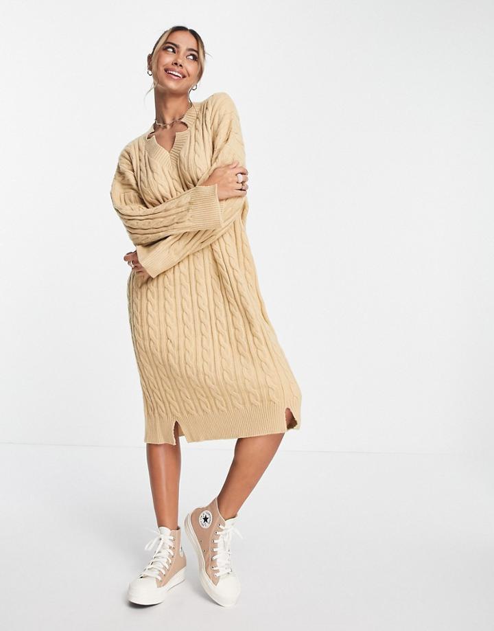 Urban Revivo Cable Knit Midi Dress In Camel-neutral
