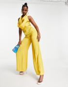 Asos Design Satin Cowl Neck Halter Jumpsuit In Gold