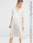 Bluebelle Maternity Stripe Shift Dress With Color Block Hem - Beige