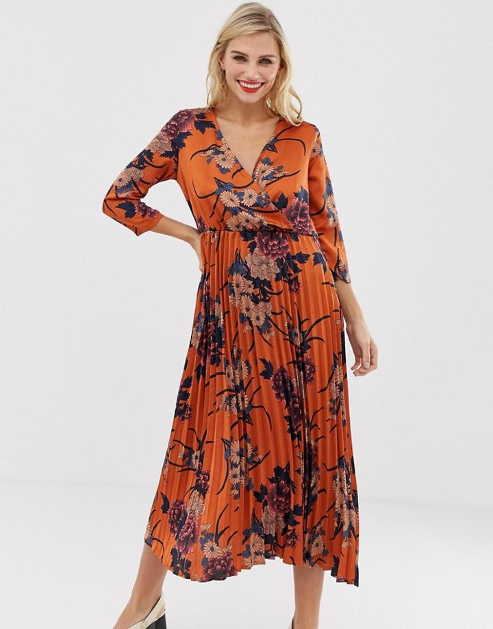 Liquorish Floral Wrap Front Midi Dress With Pleated Skirt - Multi