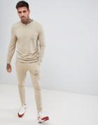 Asos Design Tracksuit Muscle Sweatshirt With Notch Neck/ Skinny Joggers In Beige - Beige