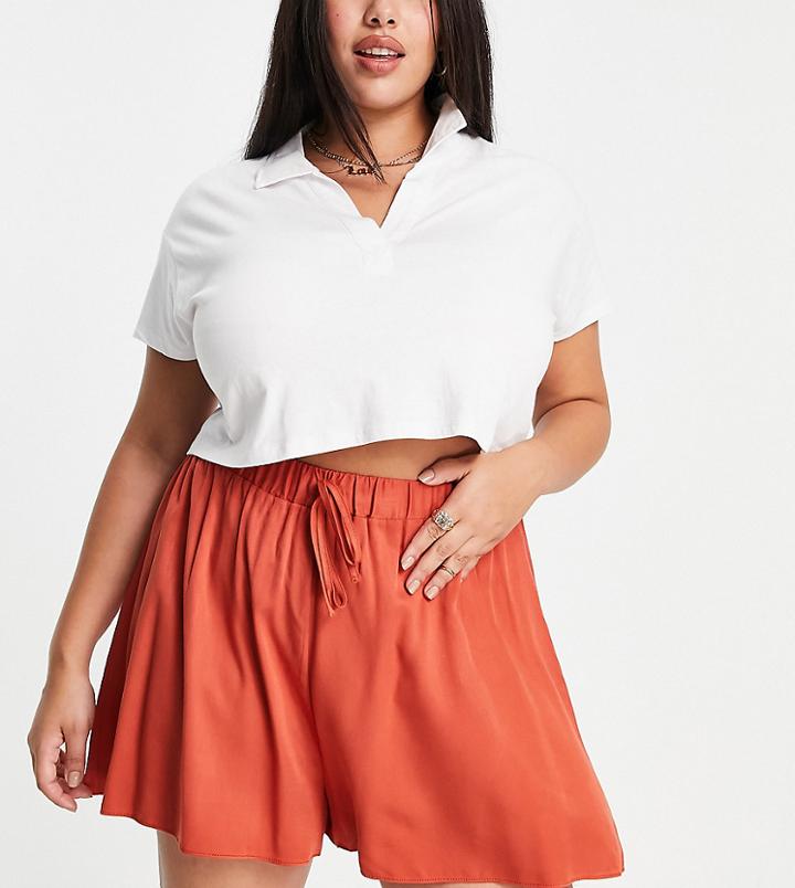 Asos Design Curve Drawstring High Waisted Flippy Shorts In Rust - Part Of A Set-orange