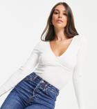 Asos Design Tall Top With Plunge Neck And Bust Seam In Rib In Cream-white