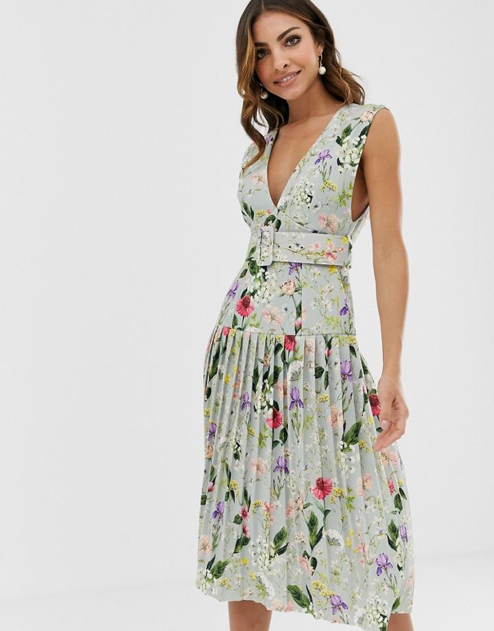 Asos Design Botanical Floral Plunge Belted Pleated Midi Dress - Multi