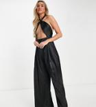 Asyou Satin Halter Cut Out Jumpsuit In Black