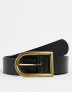 Asos Deisgn Wide Faux Leather Belt With Assymetric Gold Buckle In Black