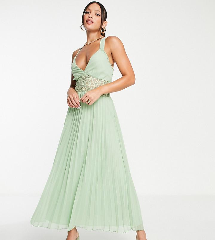 Asos Design Tall Lace Insert Pleated Midi Dress In Sage-green