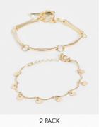 Asos Design Pack Of 2 Bracelets In Disc And Bar Toggle Design In Gold Tone