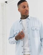 Asos Design Oversized Denim Shirt With Double Pockets In Light Wash - Blue