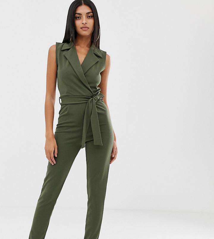Prettylittlething Tailored Tie Front Sleeveless Jumpsuit In Khaki - Green