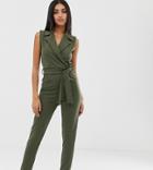 Prettylittlething Tailored Tie Front Sleeveless Jumpsuit In Khaki - Green