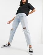 Bershka Ripped Mom Jean With Distressed Hem In Light Blue-blues