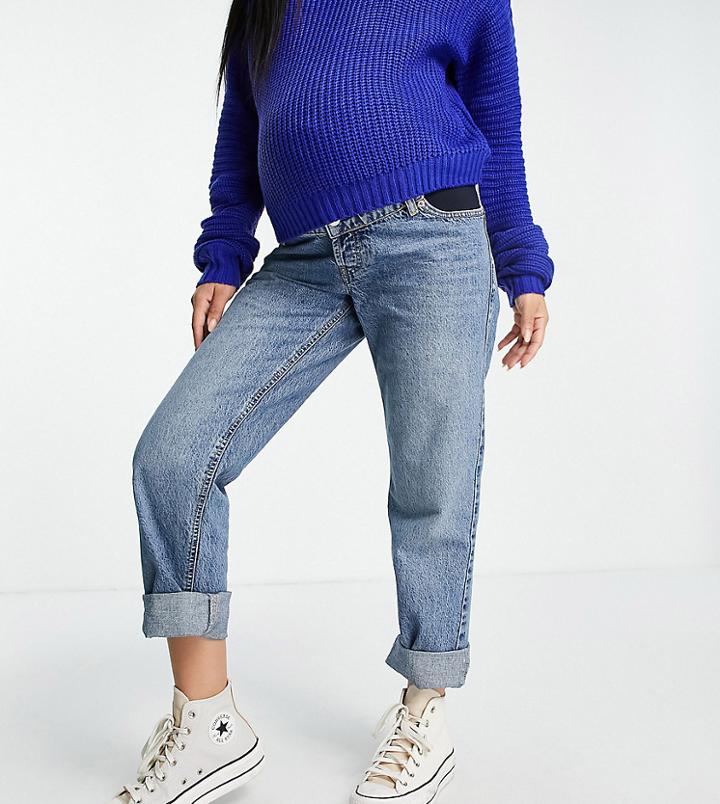 Asos Design Maternity Cotton Blend Low Rise Straight Leg Jean In Greencast - Mblue-blues