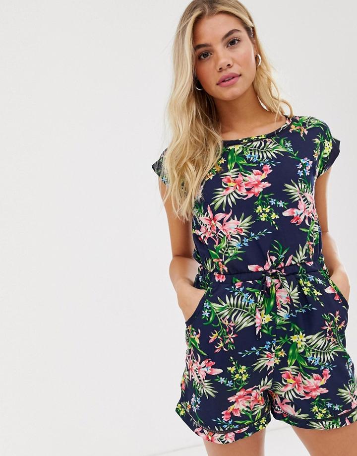 Brave Soul Lenore Romper In Tropical Print - Navy