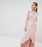 City Goddess Petite Long Sleeve High Neck Fishtail Maxi Dress With Lace Detail - Pink