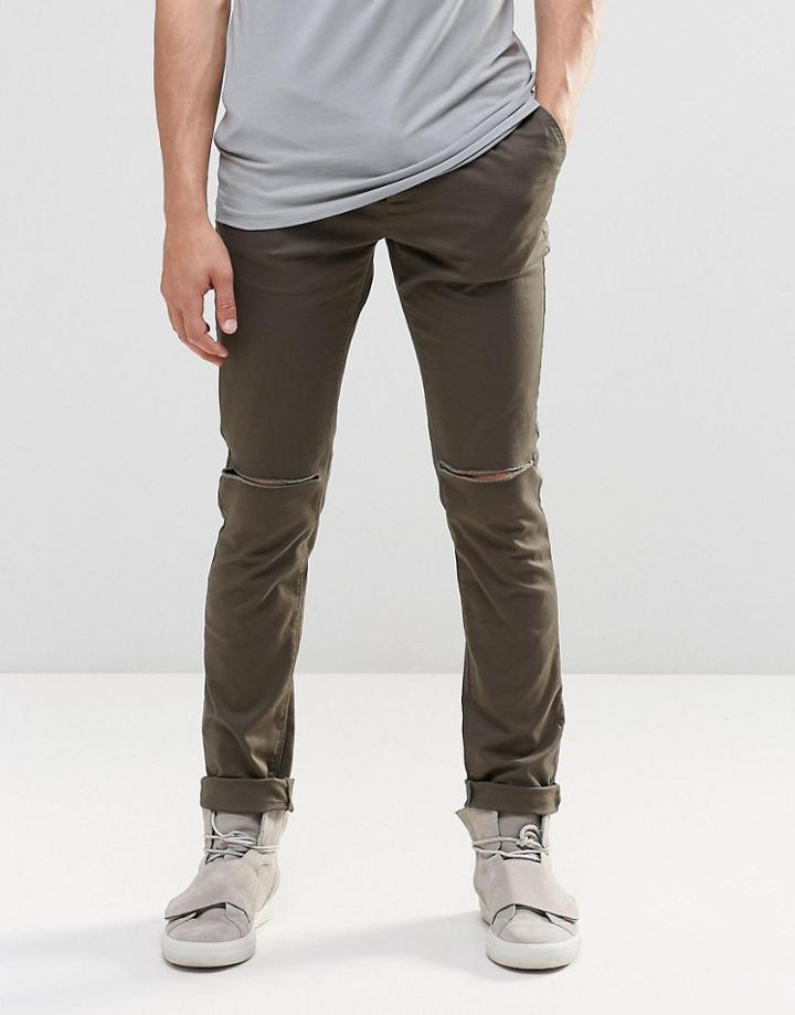 Asos Skinny Cotton Pants With Knee Rip In Dark Khaki - Forest Night