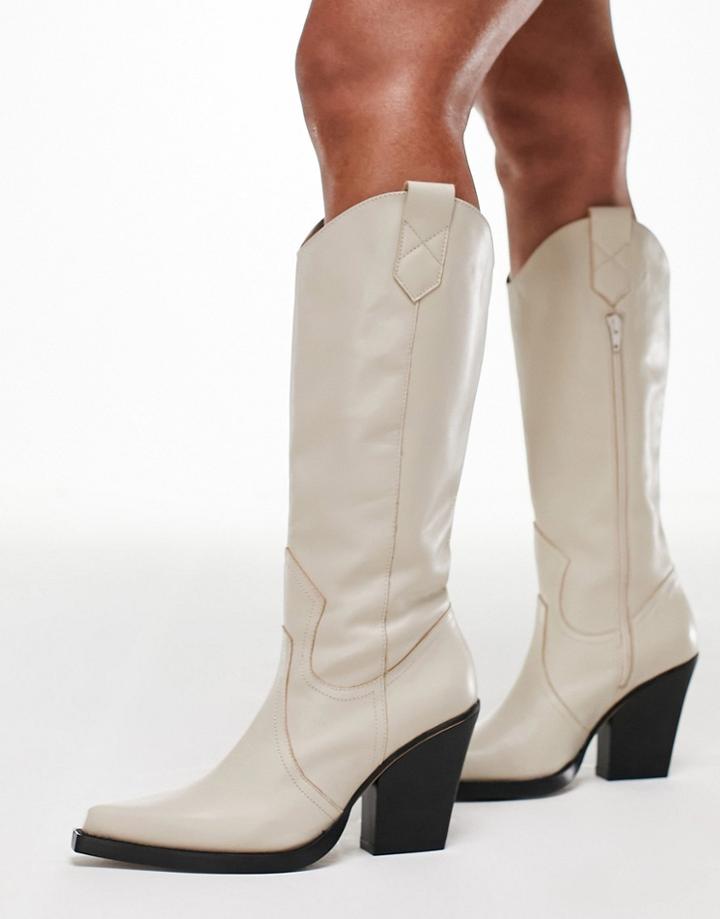 Asos Design Camouflage Premium Leather Western Knee Boots In Cream-white