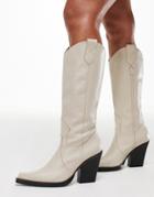 Asos Design Camouflage Premium Leather Western Knee Boots In Cream-white