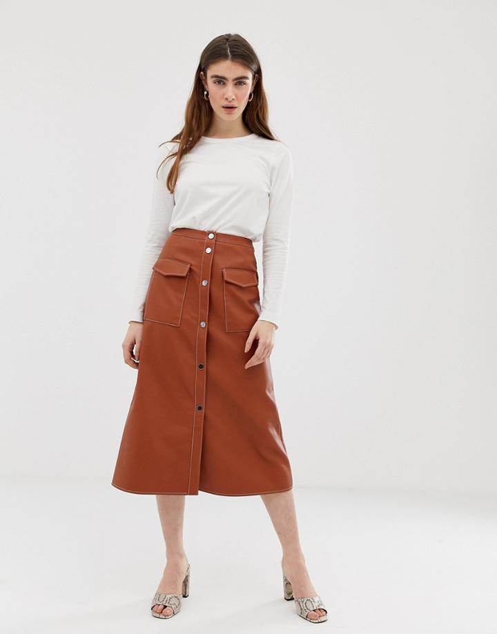 Asos Design Leather Look Midi Skirt With Popper Front And Statement Pockets-brown