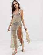 Asos Design Knitted Gold Jersey Mesh & Sequin Glam Beach Maxi Dress - Gold
