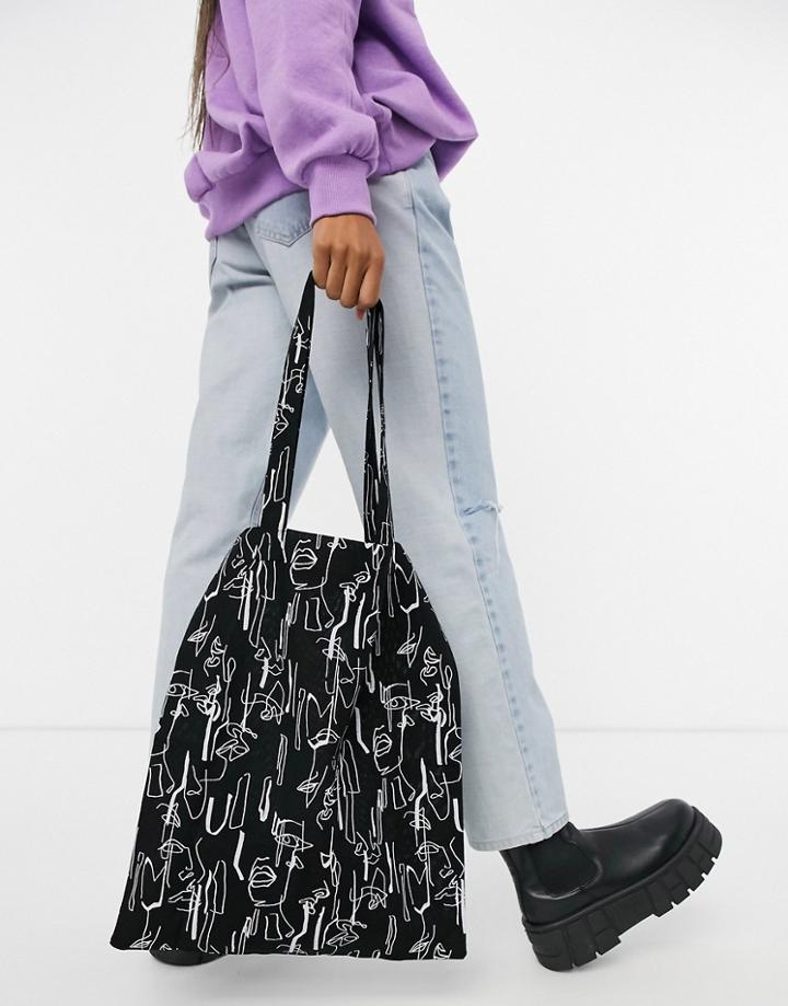 Asos Design Large Cotton Shopper Bag In Abstract Face Print-black