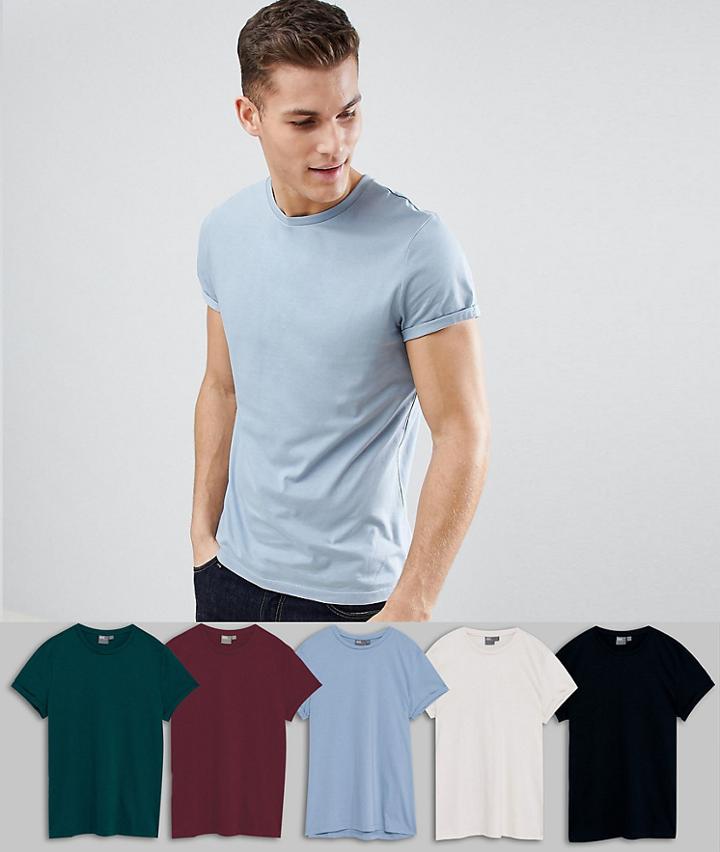 Asos Design T-shirt With Roll Sleeve 5 Pack Save - Multi