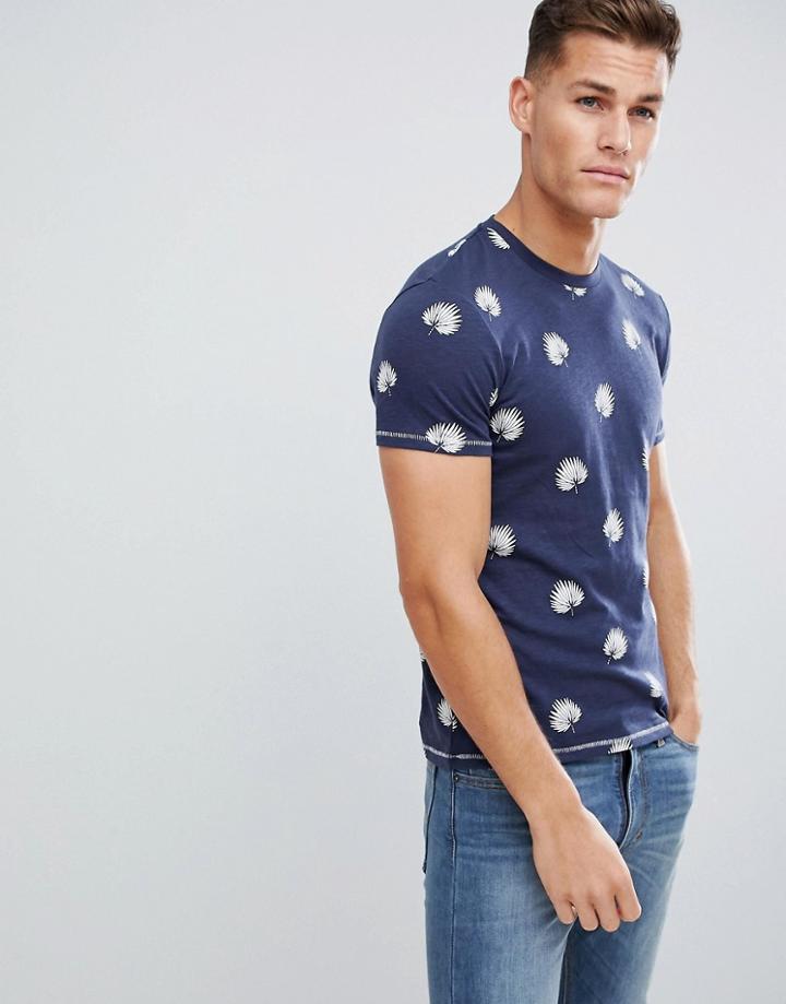 Celio Crew Neck T-shirt In Cotton Leaf All Over Print - Navy
