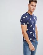 Celio Crew Neck T-shirt In Cotton Leaf All Over Print - Navy