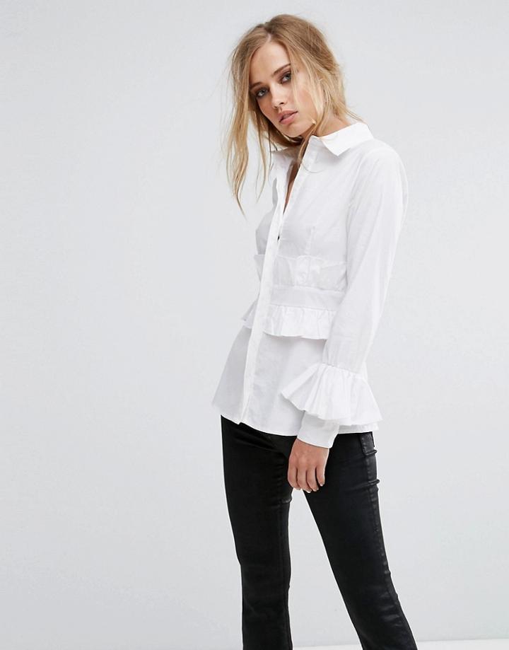 Lost Ink Shirt With Ruffle Cuffs - White
