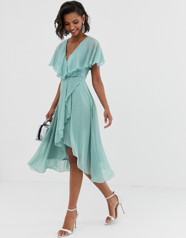 Asos Design Cape Back Dipped Hem Midi Dress-green