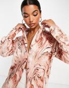 Public Desire Oversized Satin Shirt In Brown Marble-multi