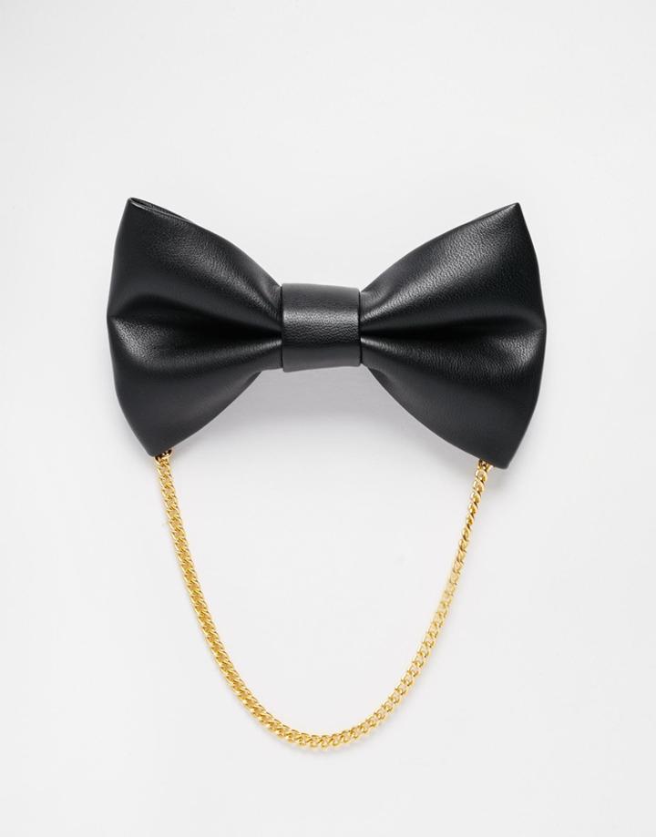 Asos Faux Leather Bow Tie In Black - Black