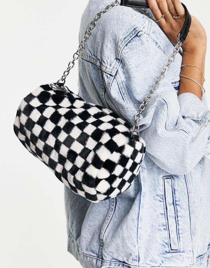 Topshop Checkerd Fur Bowler Bag-multi