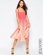 Asos Tall Mesh Insert Square Neck Fit And Flare Midi Dress - Coral