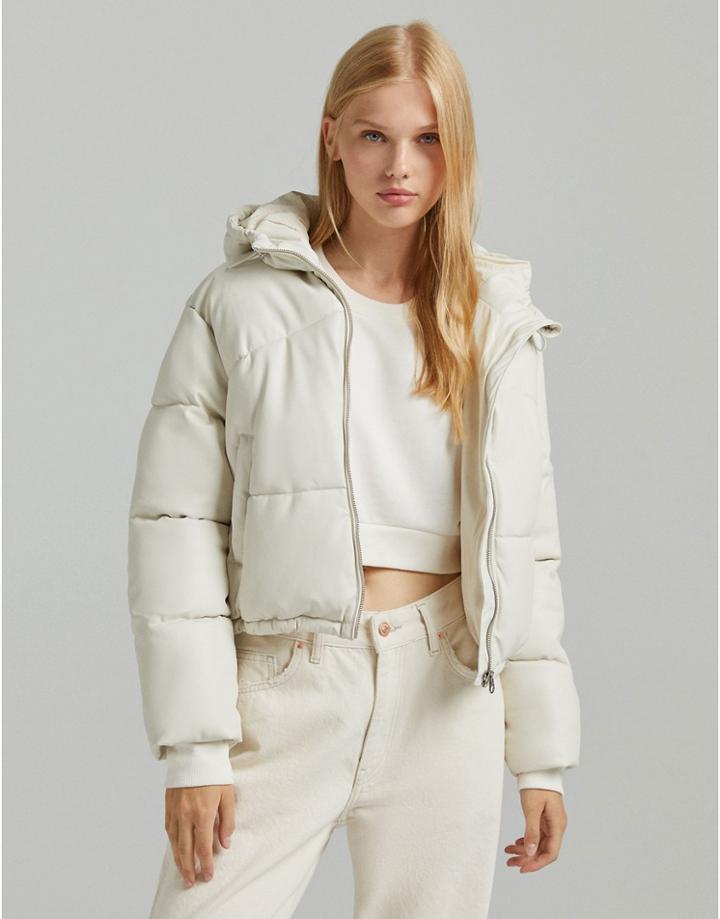 Bershka Faux Leather Hooded Puffer In Cream-white