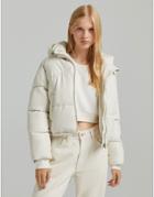 Bershka Faux Leather Hooded Puffer In Cream-white